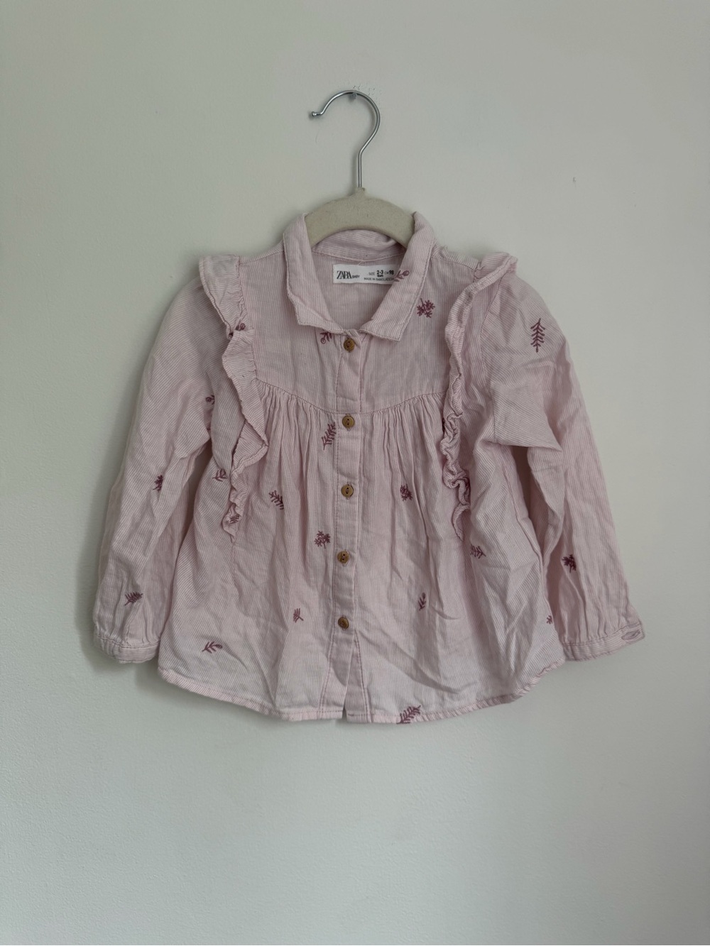 Zara Girls Pink Ruffle Long-Sleeve Shirt (Size 2-3)